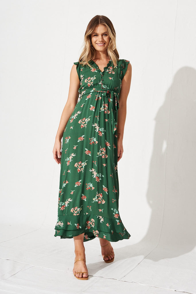 Fabian Maxi Dress in Green with Red Floral