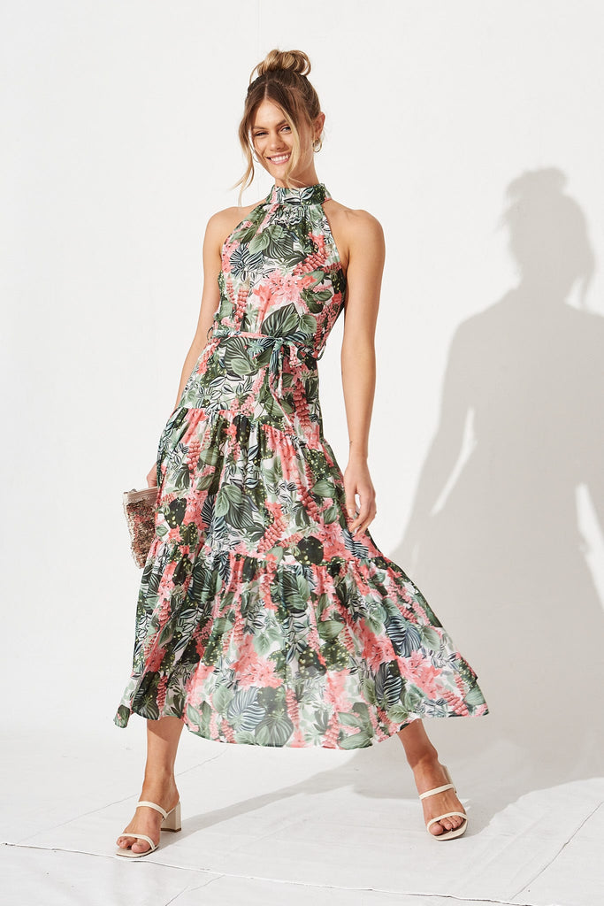 Khalo Dress in Green with Pink Floral