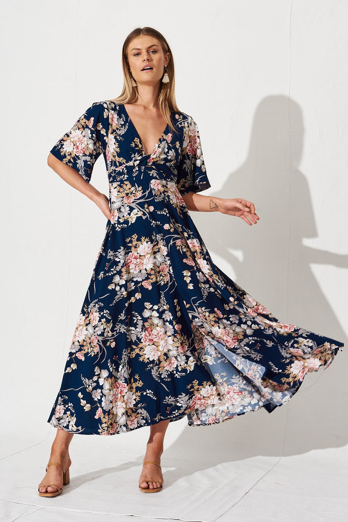 Elly Maxi Dress In Navy With Pink Floral