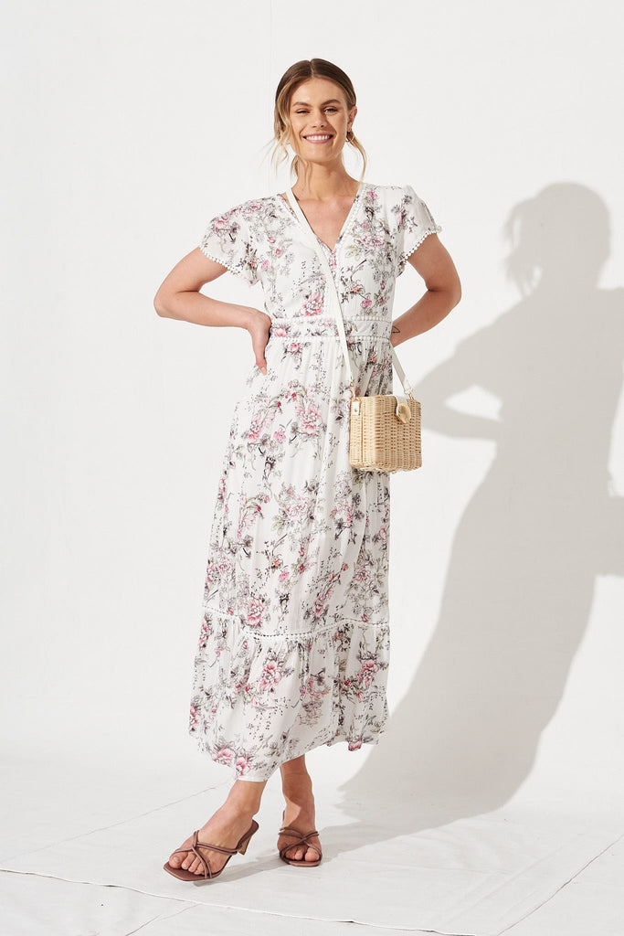 Trudy Maxi Dress In White With Pink Floral