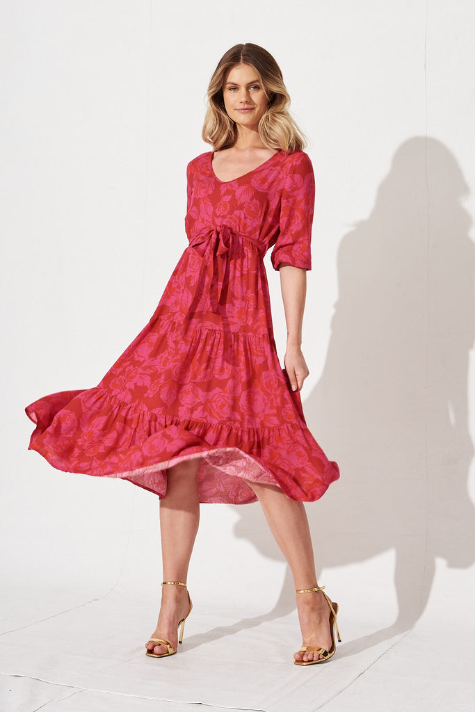 Freetown Midi Dress In Red With Pink Rose Floral