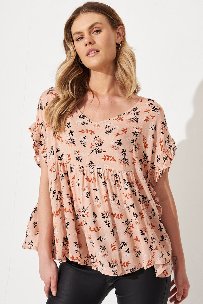 Ohana Top In Apricot Ditsy Floral