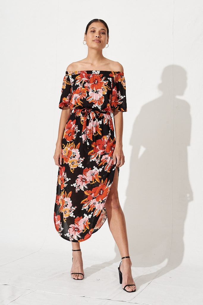 Hummingbird Dress In Black With Rust Floral