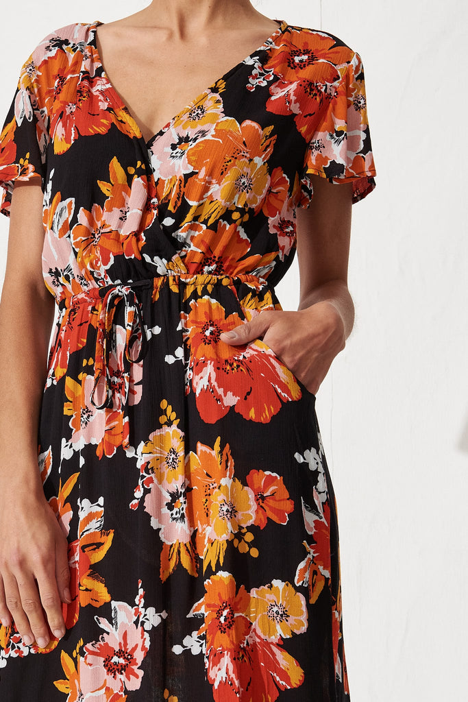 Billie Dress In Black With Rust Floral