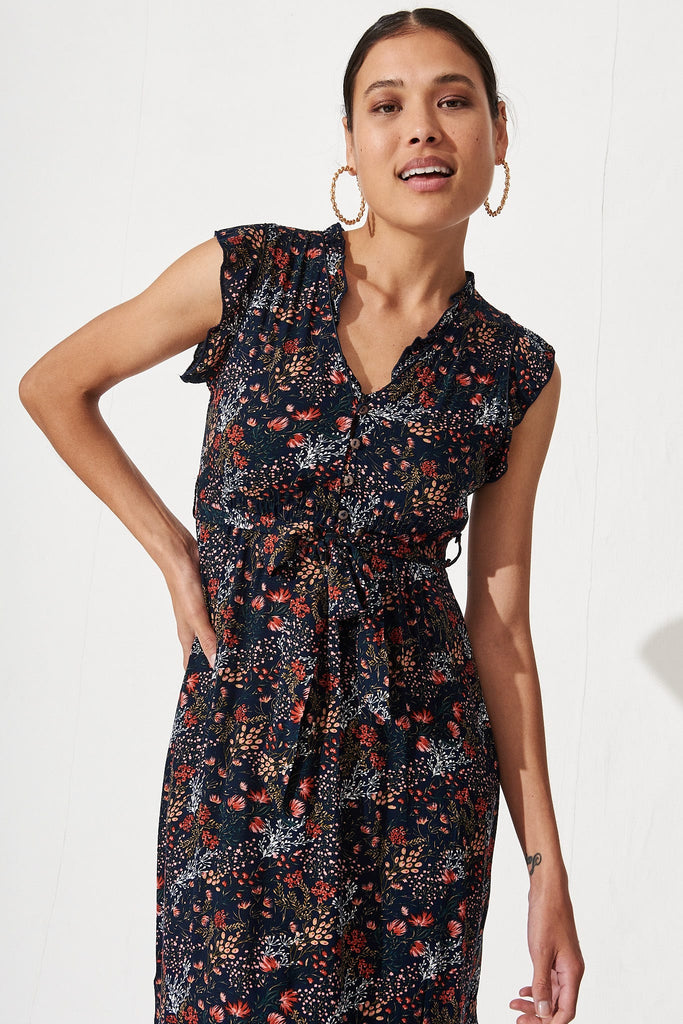 Glow Dress In Navy With Red Floral