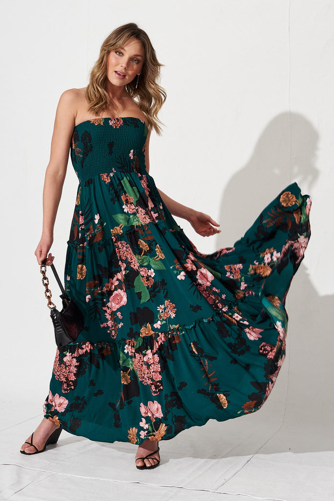 Saphira Maxi Dress In Green With Apricot Floral