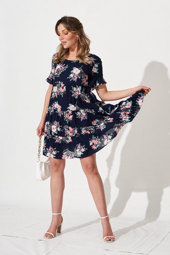 Chiswick Smock Dress In Navy Floral