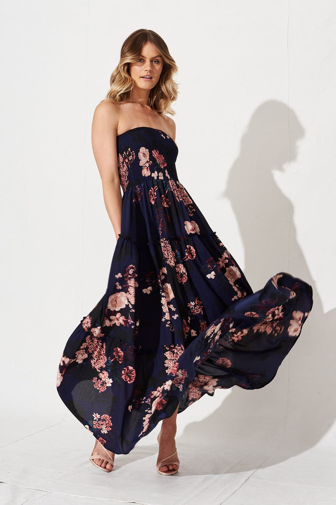 Saphira Maxi Dress In Navy With Pink And Blush Floral
