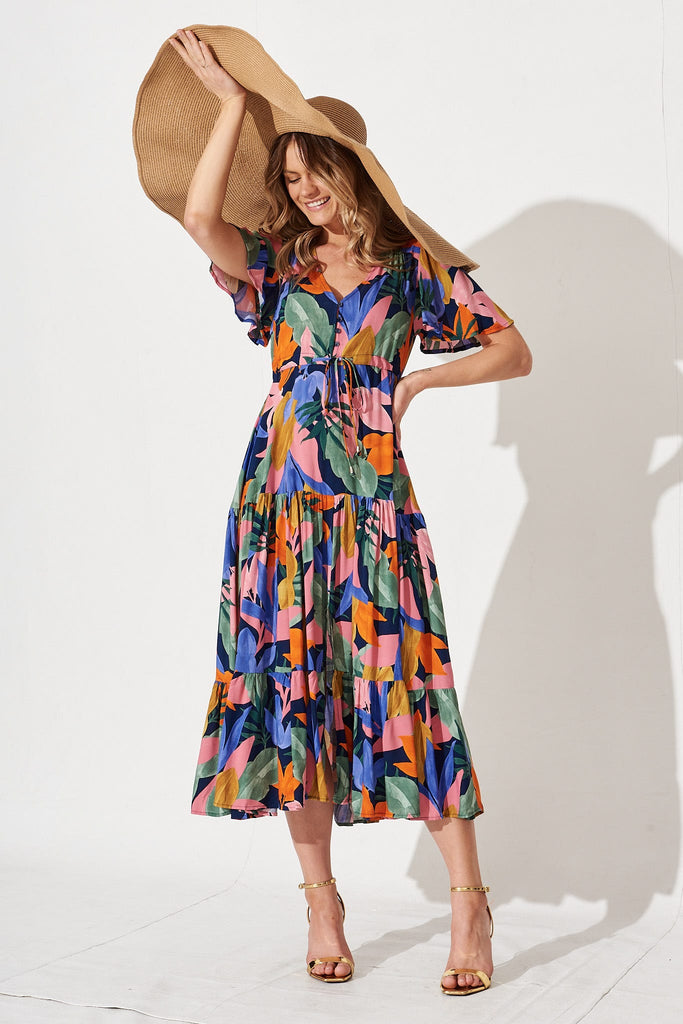 Violet Maxi Dress In Navy Multi Leaf Print