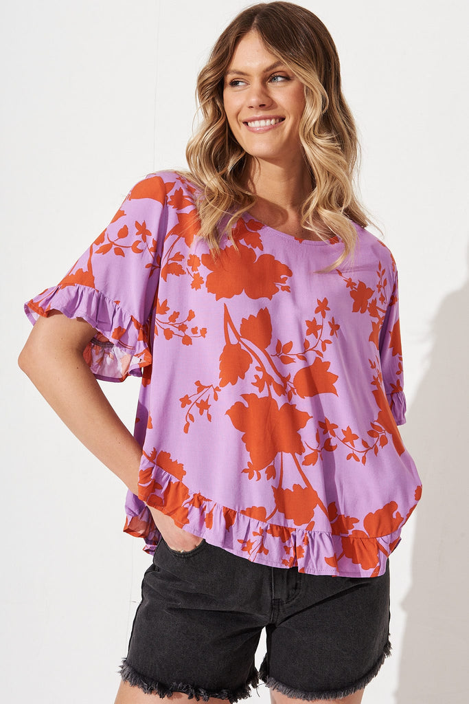 Oceania Top In Purple With Rust Floral