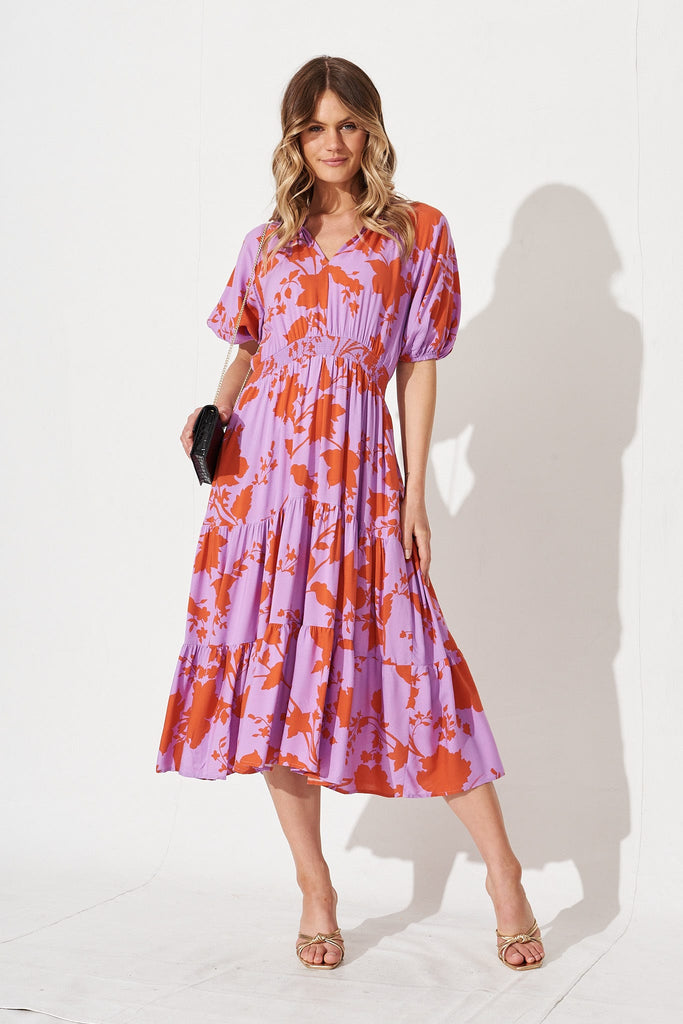 Molly Midi Dress In Purple With Rust Floral