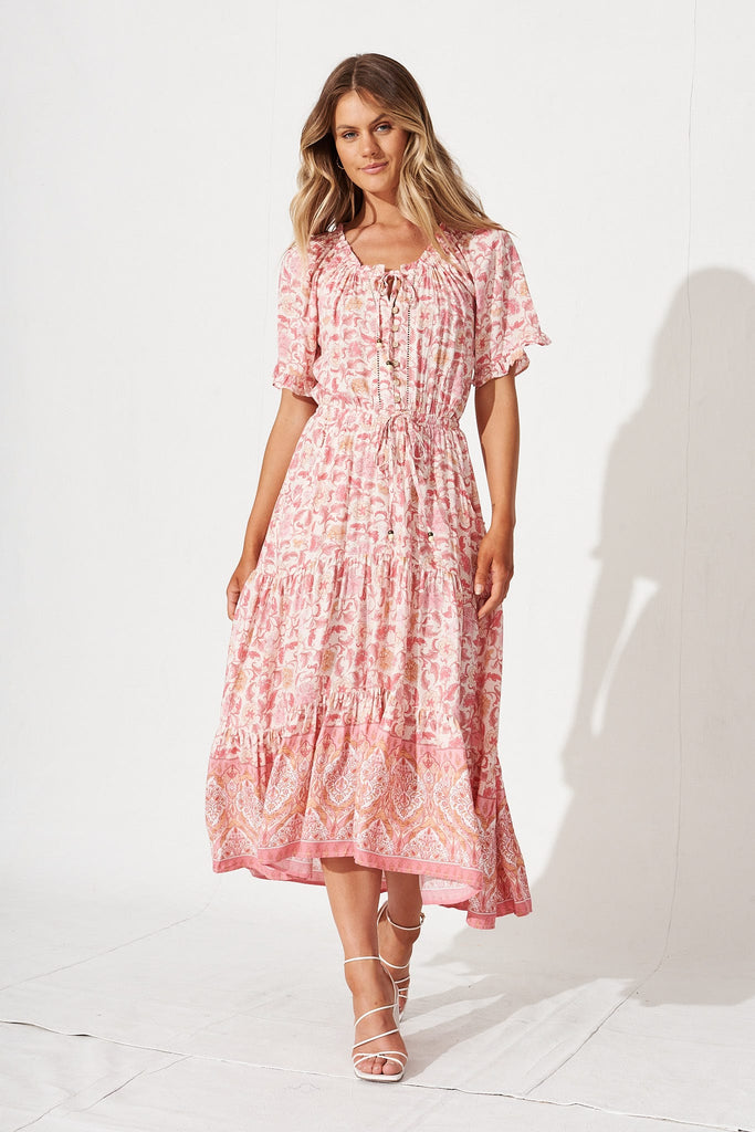 Jules Midi Dress In Cream With Pink Boho Floral