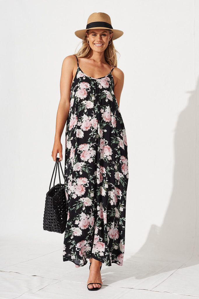No Scrubs Maxi Dress In Black With Light Pink Floral