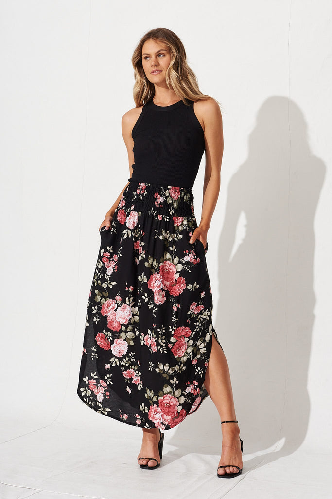 Roadtrip Skirt In Black With Blush Floral - full length
