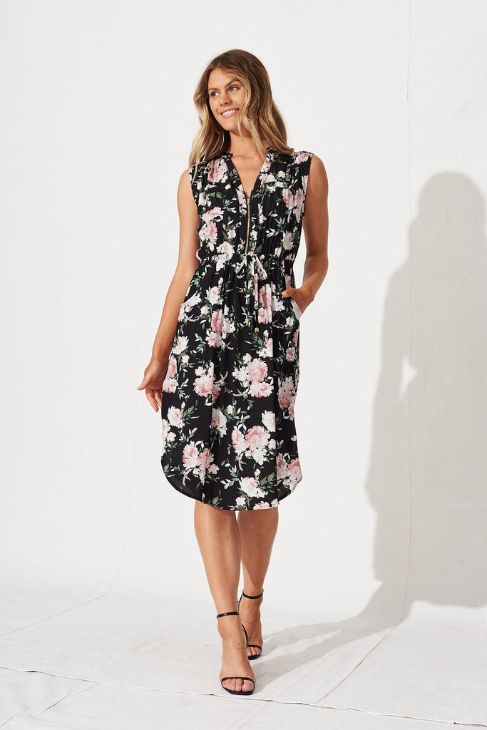 Shire Dress In Black With Light Pink Floral