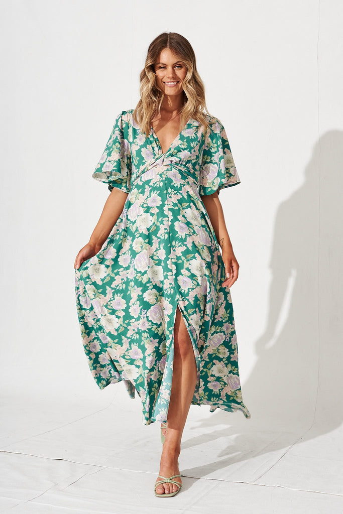 Elly Maxi Dress In Jade Green With Lilac Floral