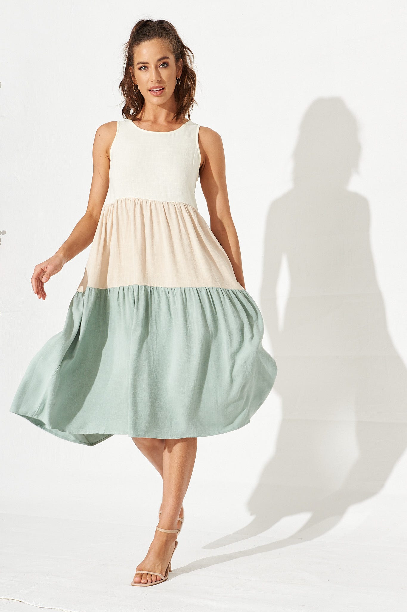Cecily Midi Dress In Dusty Teal Colourblock Linen St Frock