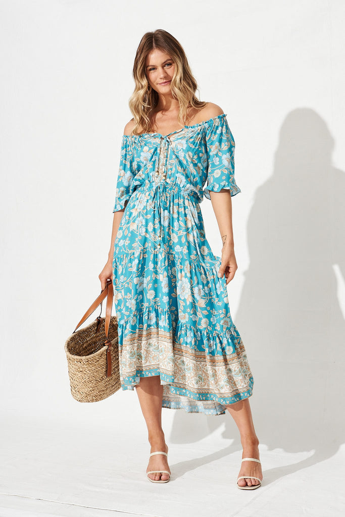Jules Midi Dress In Blue With Beige Boho Floral