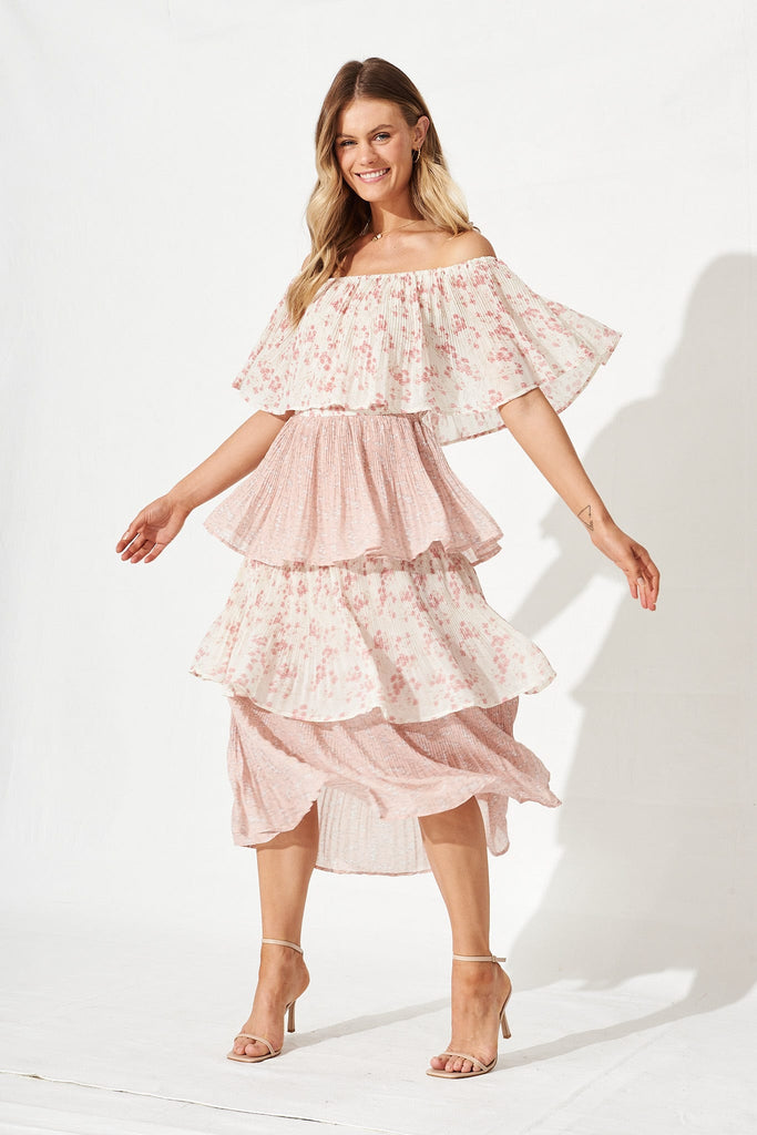 Scarlet Dress In White With Blush Floral Chiffon