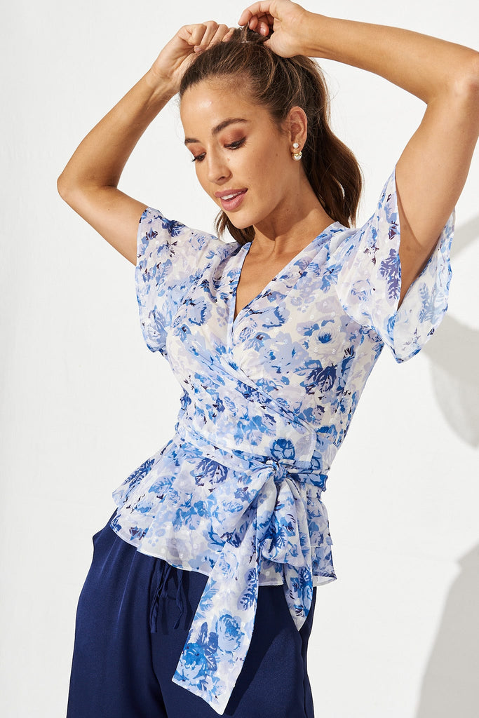 Carmen Wrap Top In White With Blue Floral Chiffon