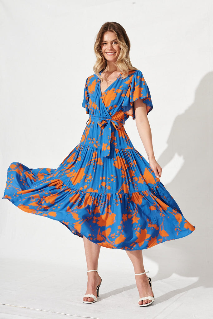Kit Maxi Dress In Cobalt Blue With Orange Floral