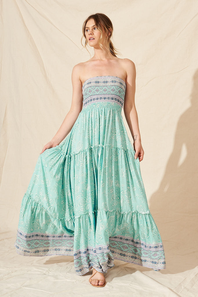 Desert Dream Maxi Dress In Green With Beige Boho Floral