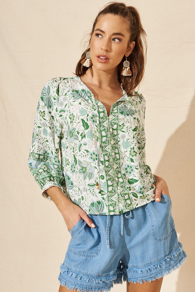 Salvita Top In White With Green Boho Floral