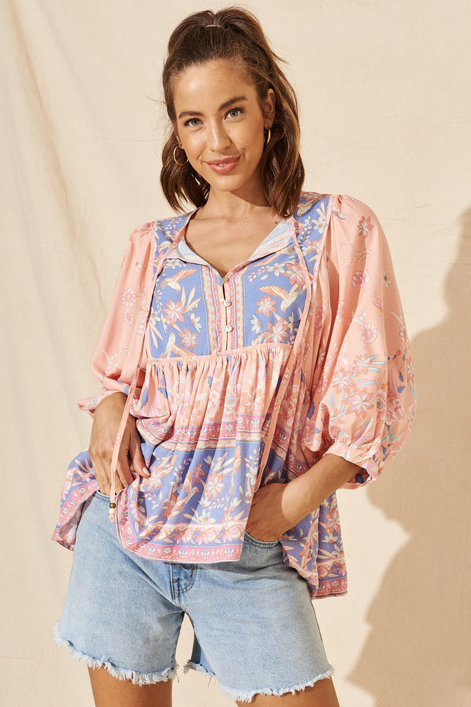 Donna Top In Pink With Purple Boho Floral