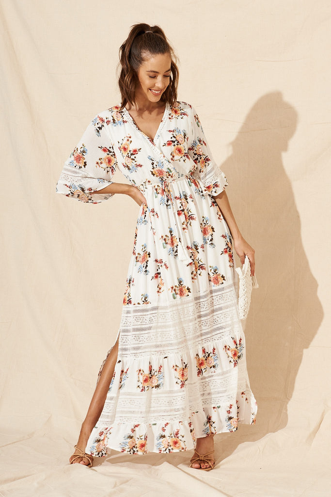 Roxy Maxi Dress In White With Apricot Floral