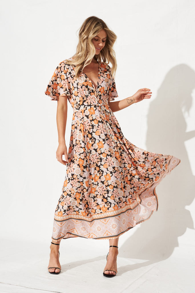 Paulette Maxi Dress In Black With Rust Boho Floral