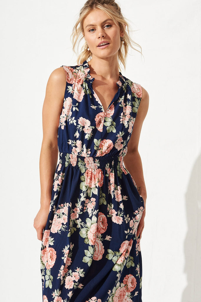 Clearie Midi Dress In Navy With Apricot Floral