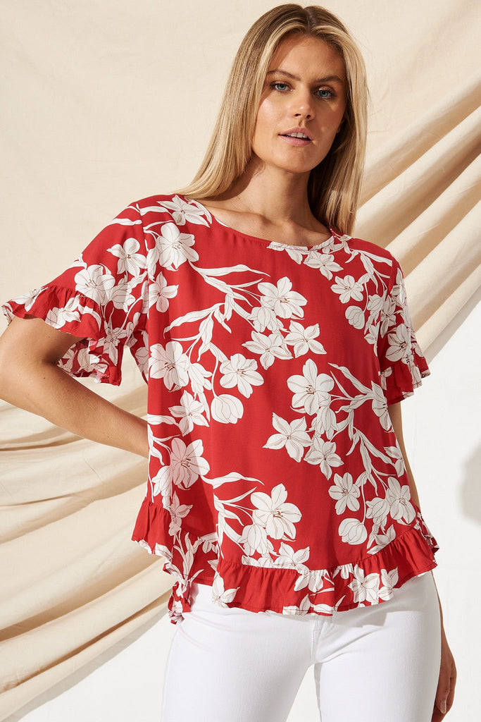 Catharina Smock Top In Red With White Floral