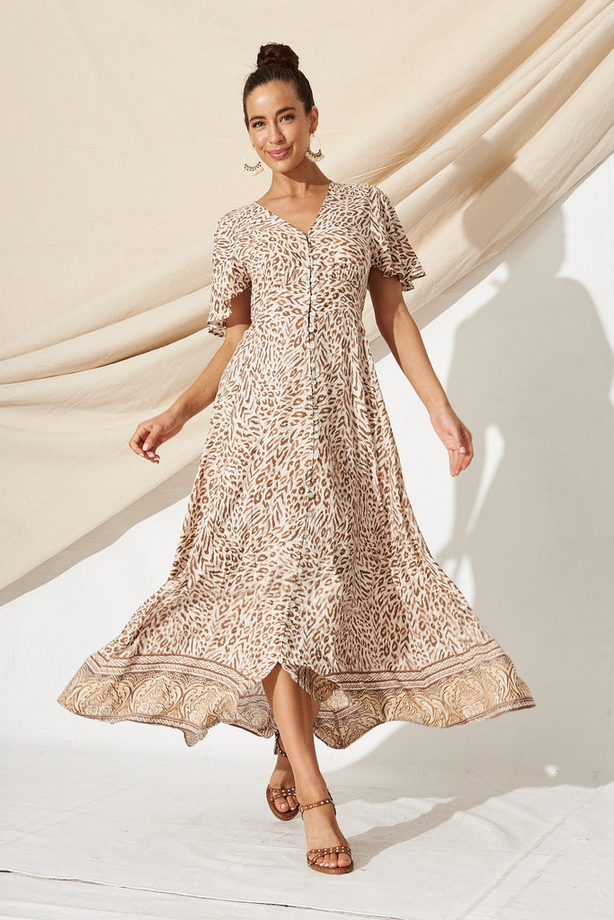Paulette Maxi Dress In White With Brown Leopard Print