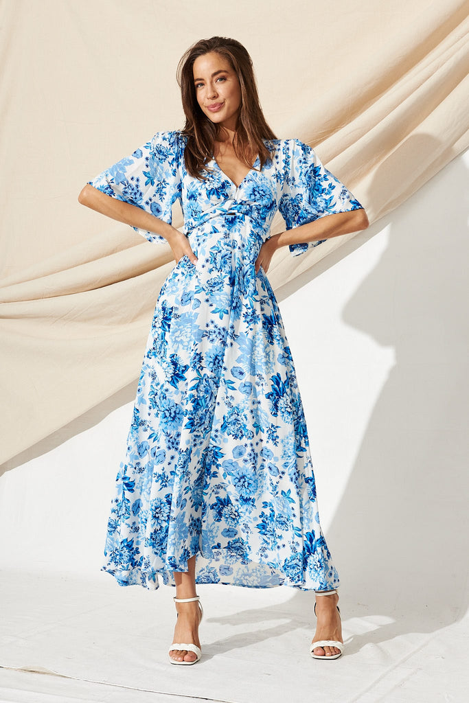 Elly Maxi Dress In Blue With White Floral