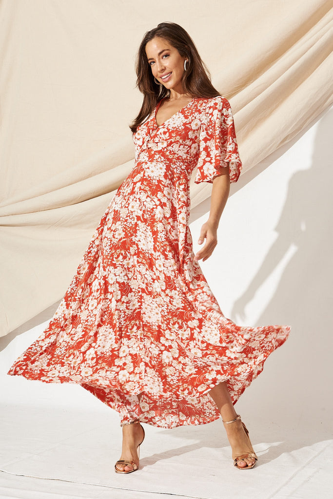 Elly Maxi Dress In Red With White Floral