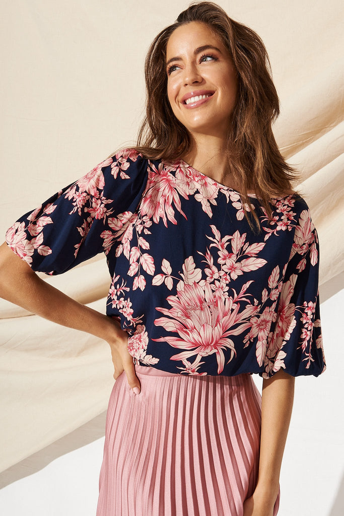 Elsa Top In Navy With Pink Floral