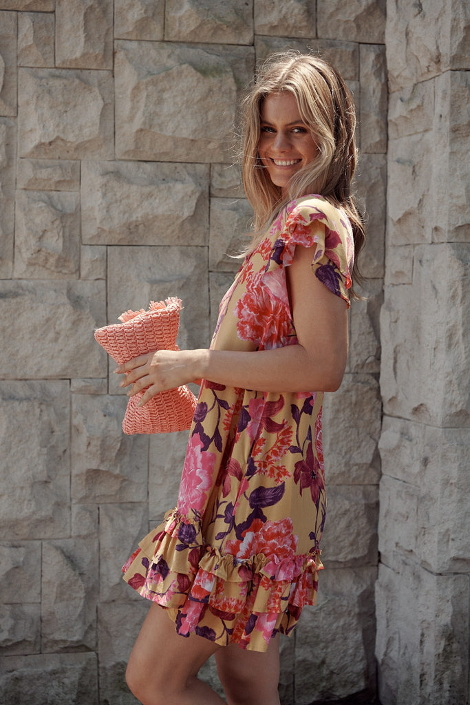 Raya Shift Dress In Mustard With Pink Floral