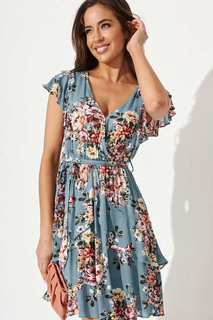 Nori Dress In Dusty Teal With Pink Floral