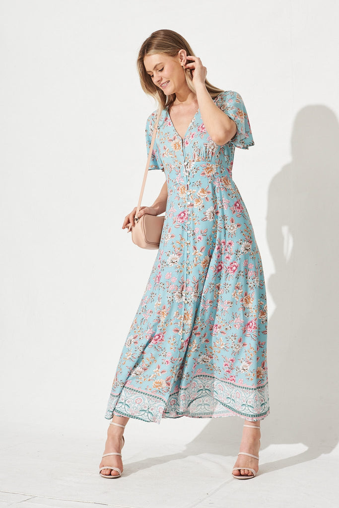 Paulette Maxi Dress In Blue With Blush Boho Floral