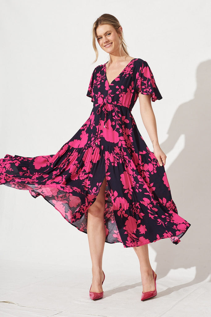 Violet Maxi Dress In Navy With Hot Pink Floral