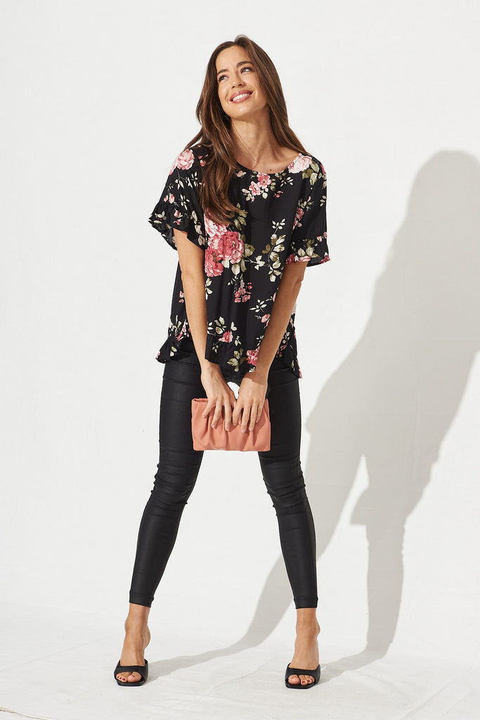 Catharina Top In Black With Pink Floral