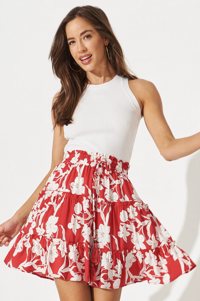 Enola Skirt In Red With White Floral