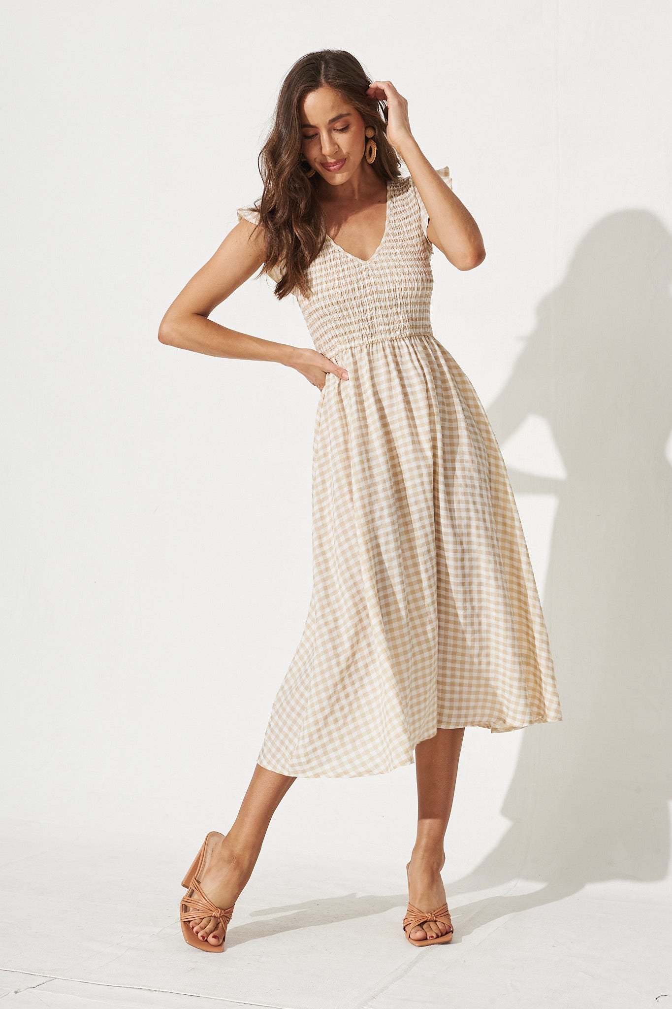 beige gingham midi dress Influence textured frill strap midi dress in beige gingham