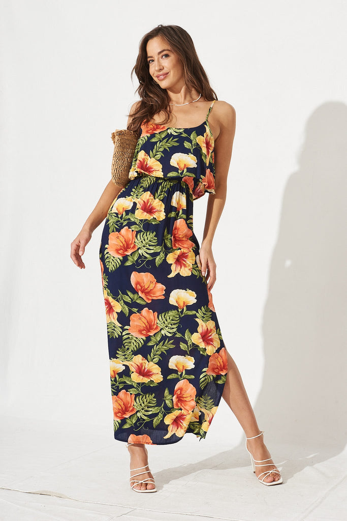 Saskia Maxi Dress In Navy With Yellow Floral - full length