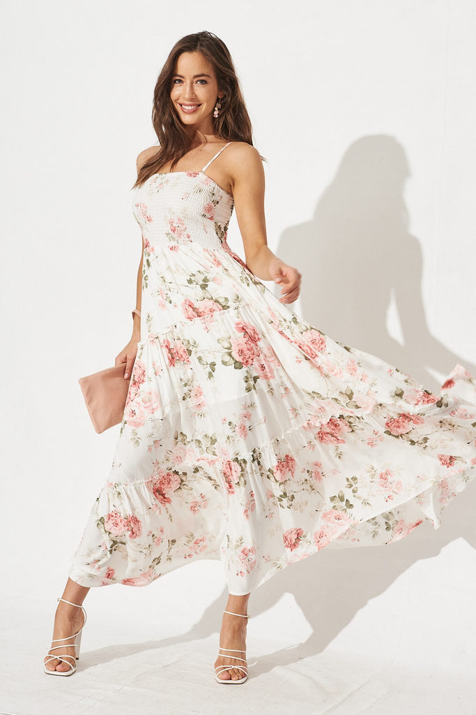 Desert Dream Maxi Dress In White With Blush Floral