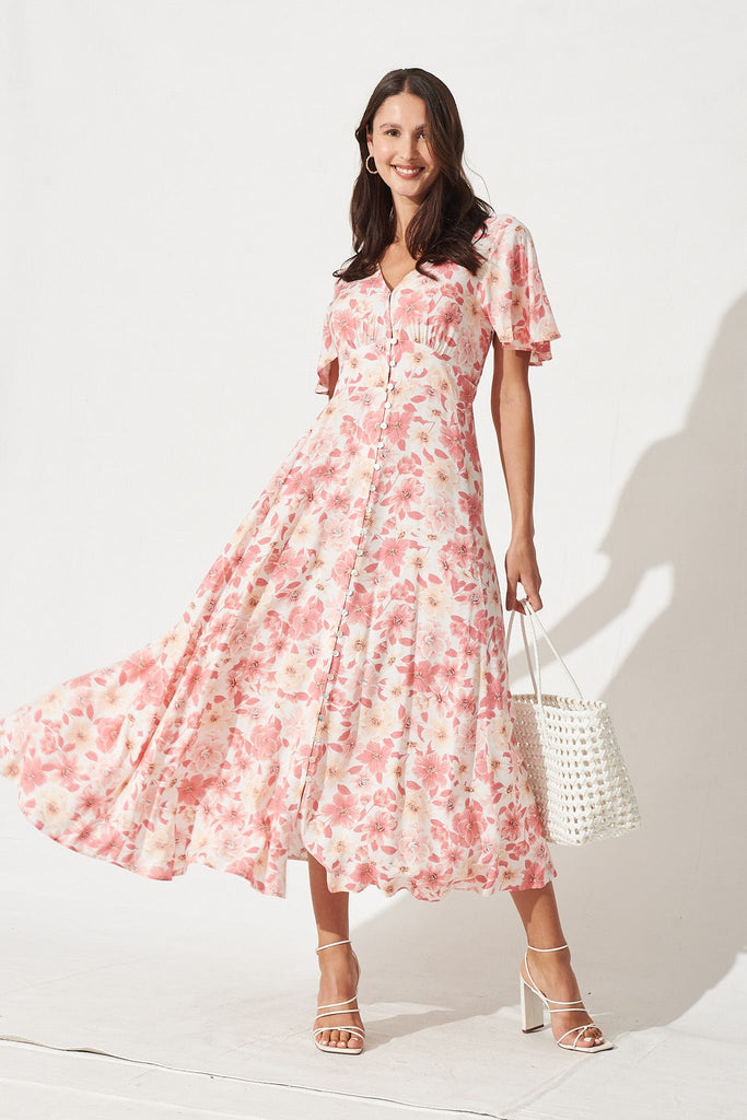 Paulette Maxi Dress In White With Pink Floral