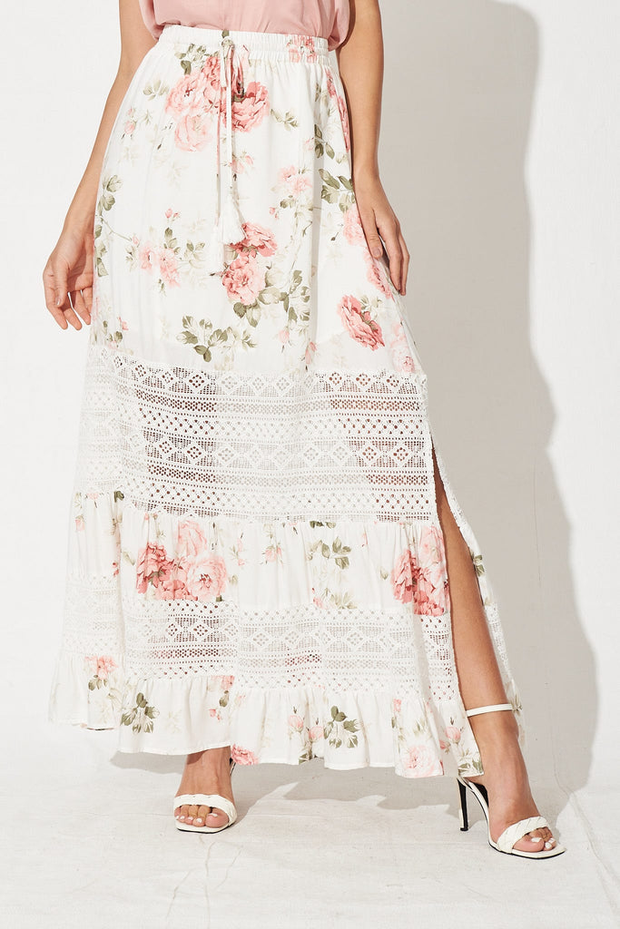 Bowie Maxi Skirt In White With Blush Floral