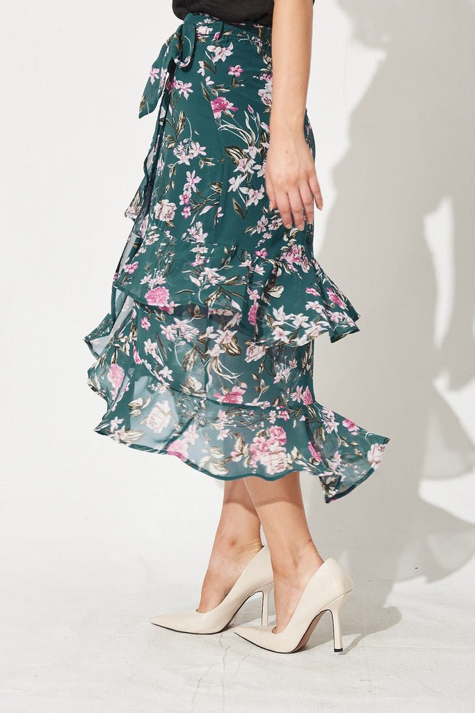 Zetta Frill Midi Skirt In Teal With Pink Floral