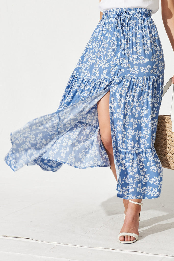 Rose Maxi Skirt In Blue With White Floral