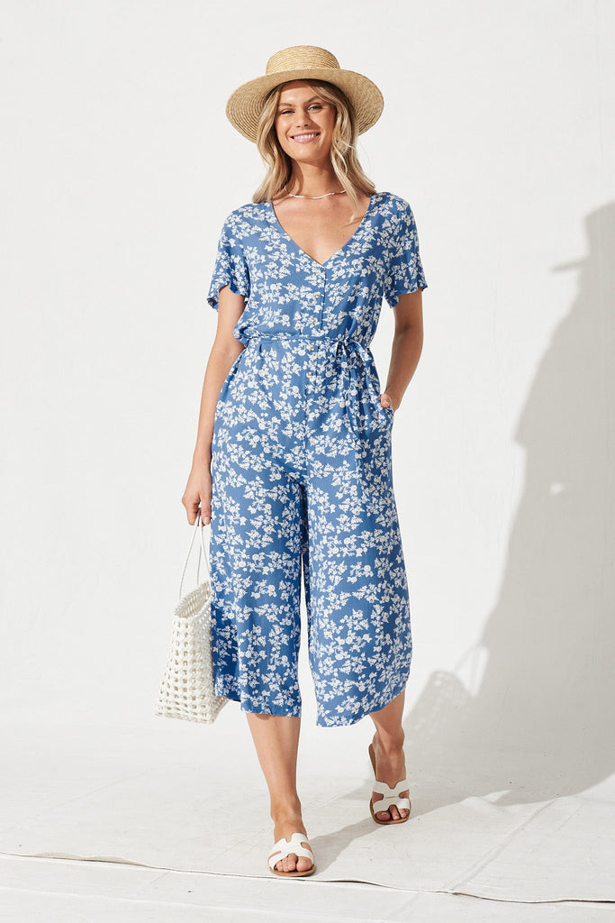 Odette Jumpsuit In Blue With White Floral